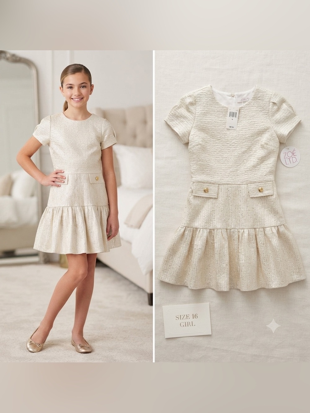 Zoe Ltd Cream Short-Sleeve Drop-Waist Dress (NWT)